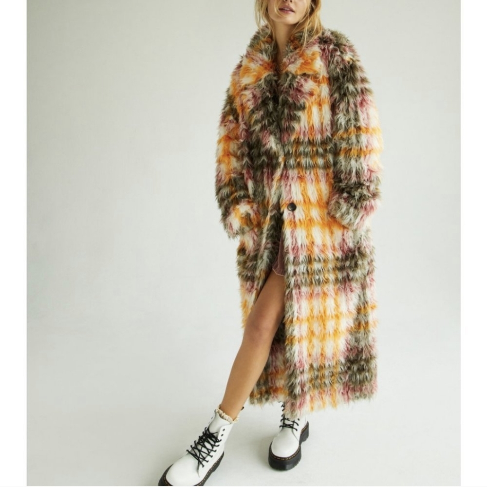 Free People Cardi Plaid Faux Fur Coat / Plaid